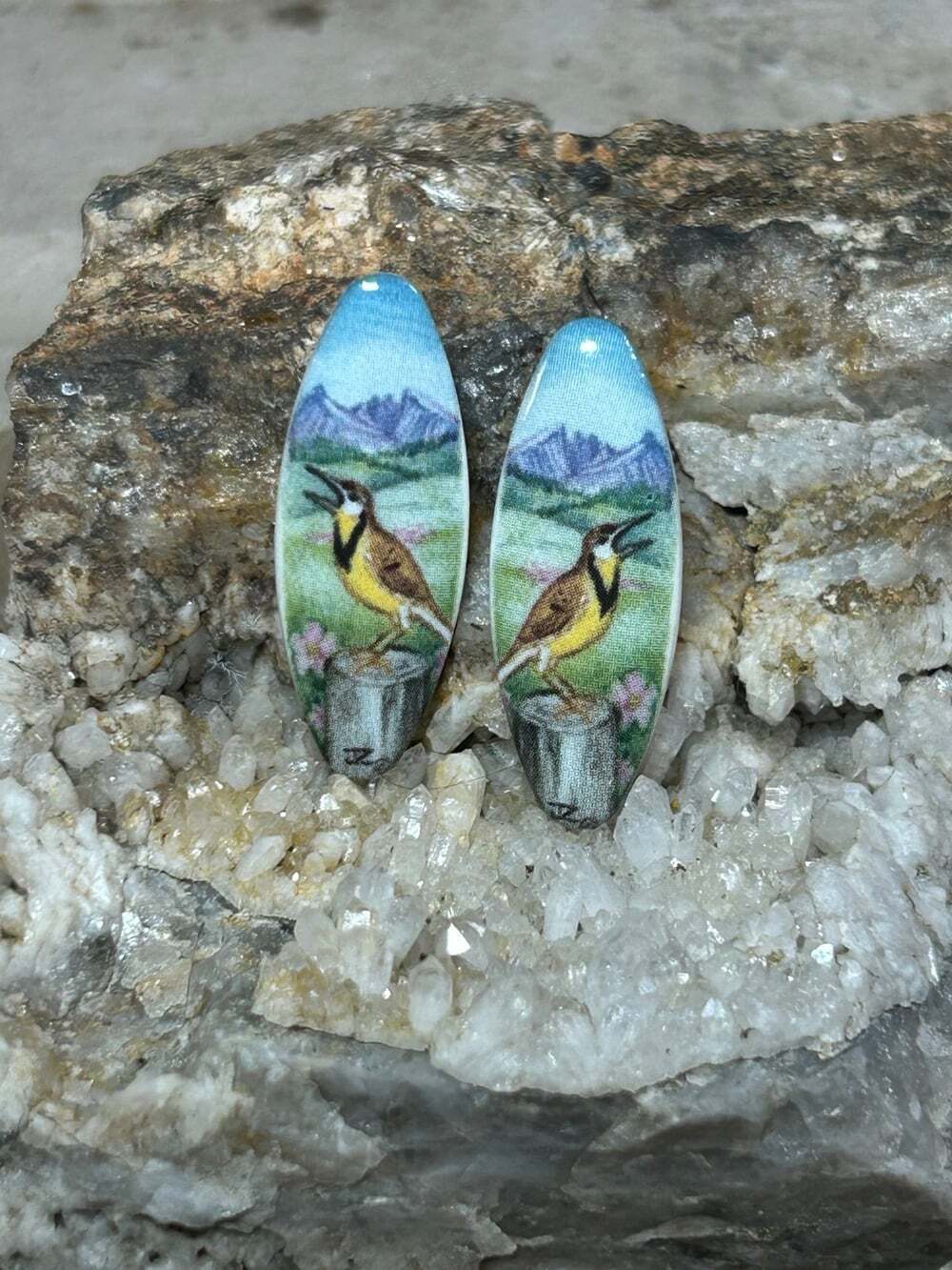Vintage Ceramic oblong mountain scenery bird earrings read rare HTF